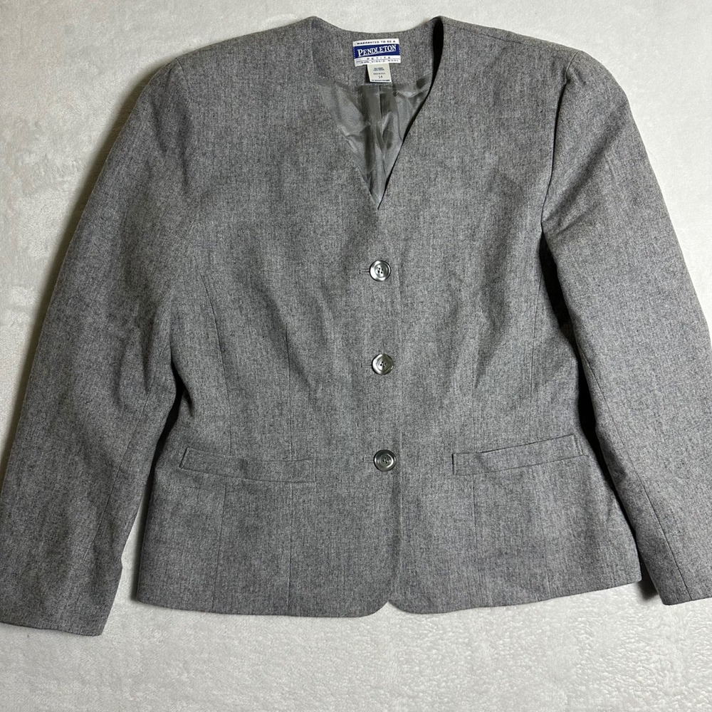 VTG Pendleton 100% Virgin Wool Blazer Size 14 Petite Made in USA Grey Jacket 80s